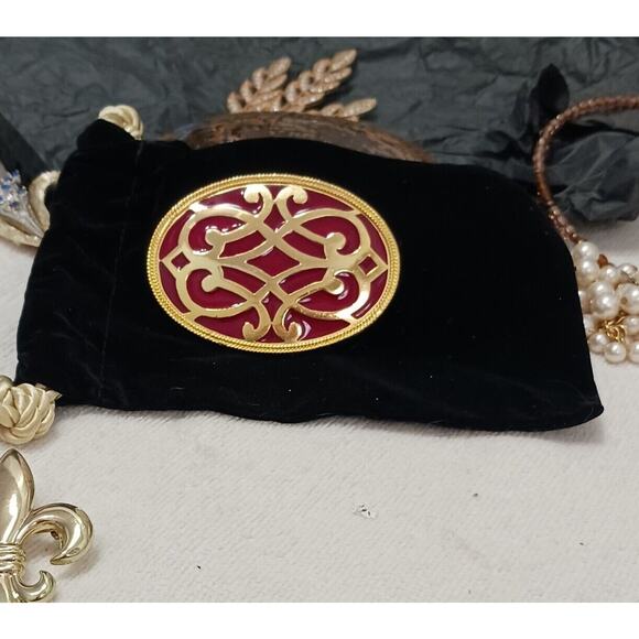 Vntg Celtic Brooch 3" RED Coat Pin Oval Metal Enamel Milgrain Accent Gold Estate - Picture 9 of 16